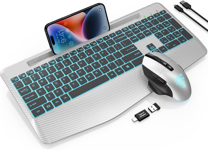 SABLUTE Wireless Keyboard and Mouse Backlits, Wrist Rest, LED Mouse, Rechargeable Ergonomic Keyboard with Phone Holder, Silent Light Up Combo for Computer, Mac, PC, Laptop, Chromebook (Silver Black) - Image 1